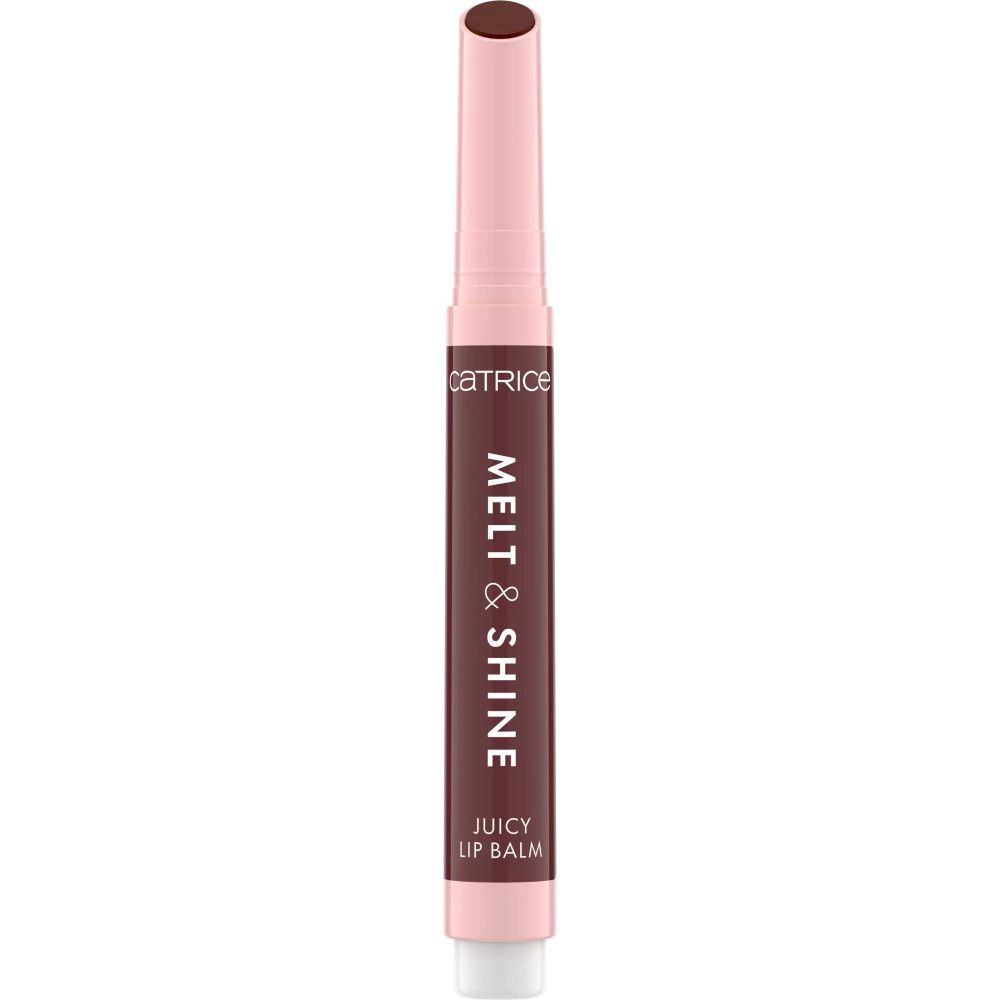 Lippenbalsam in Stiftform. Rosa-farbener Stift mit braunem Balsam. Aufschrift: CATRICE, MELT & SHINE, JUICY LIP BALM.