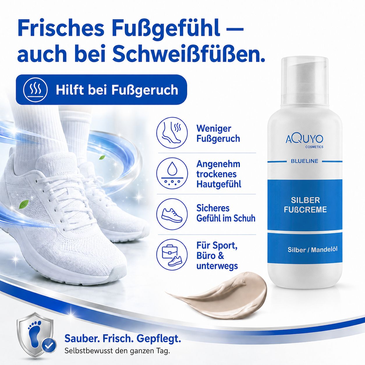 Fußcreme-Flakon mit blauem Etikett. Weiße Turnschuhe. Text: Frisches Fußgefühl – auch bei Schweißfüßen. Hilft bei Fußgeruch. Für Sport, Büro & unterwegs.