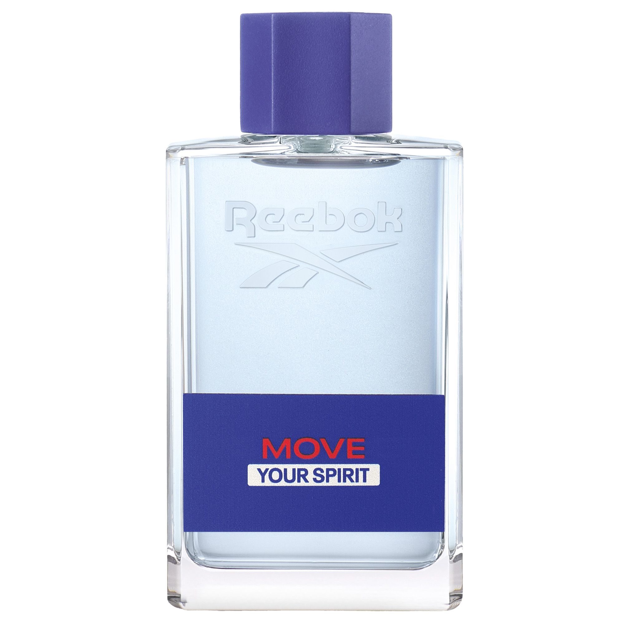 Rechteckige Flasche mit blauem Verschluss. Aufschrift Reebok und Move Your Spirit. Hellblaue Flüssigkeit sichtbar.