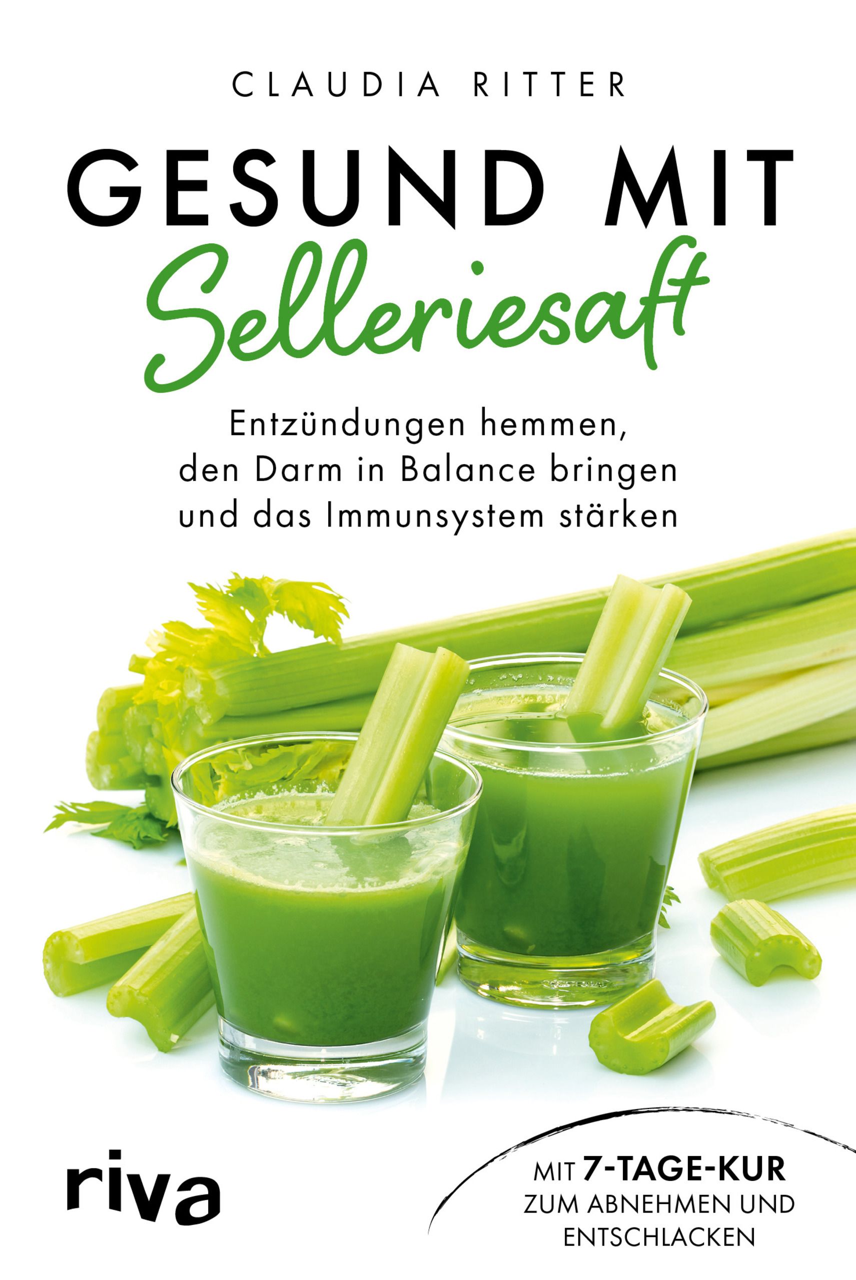 Buchcover mit Titel "Gesund mit Selleriesaft". Zwei Gläser Selleriesaft mit Selleriestangen. Riva-Logo.
