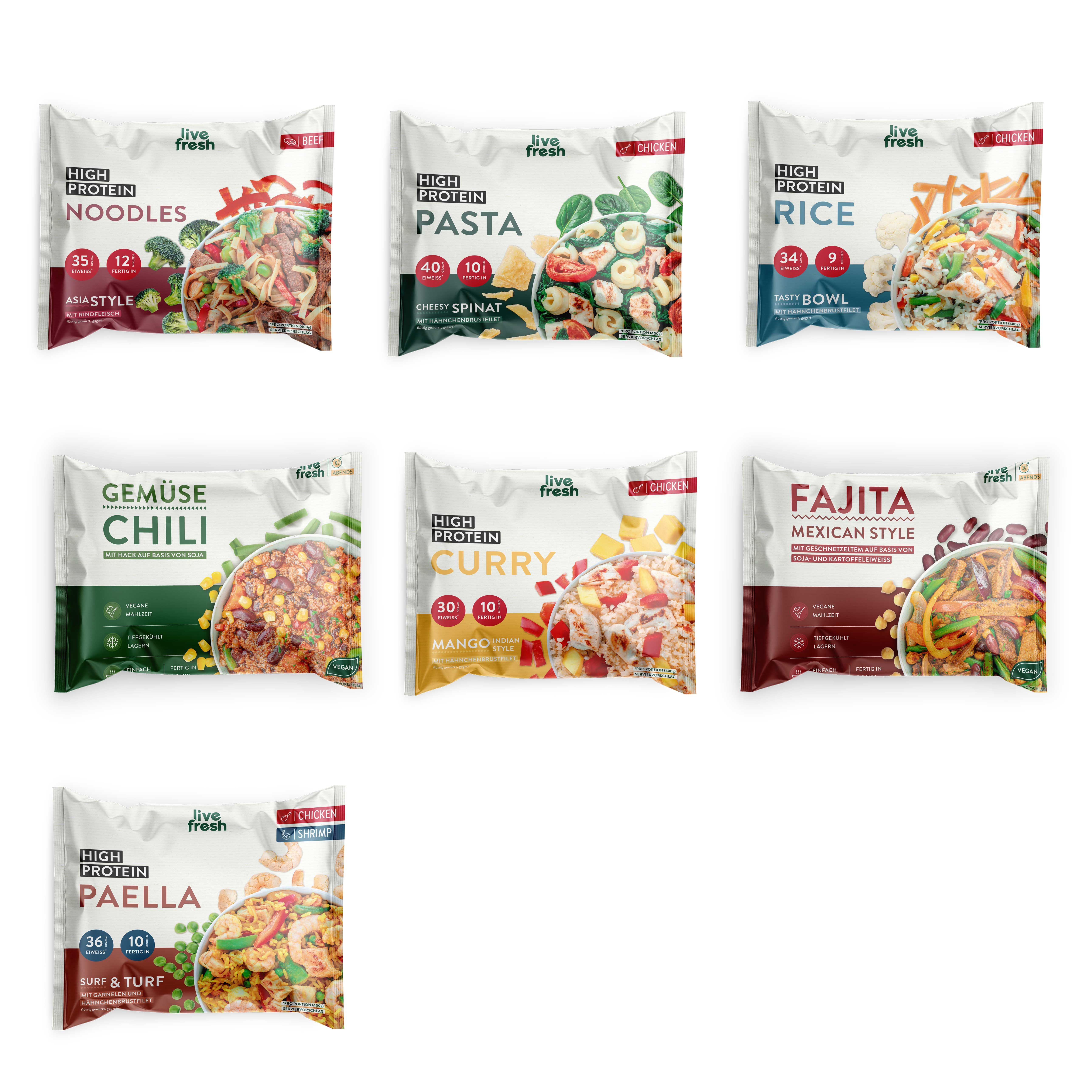 Verschiedene Fertiggerichte in Beuteln. Nudeln, Pasta, Reis, Chili, Curry, Fajita, Paella. Aufdrucke: High Protein, Live Fresh.