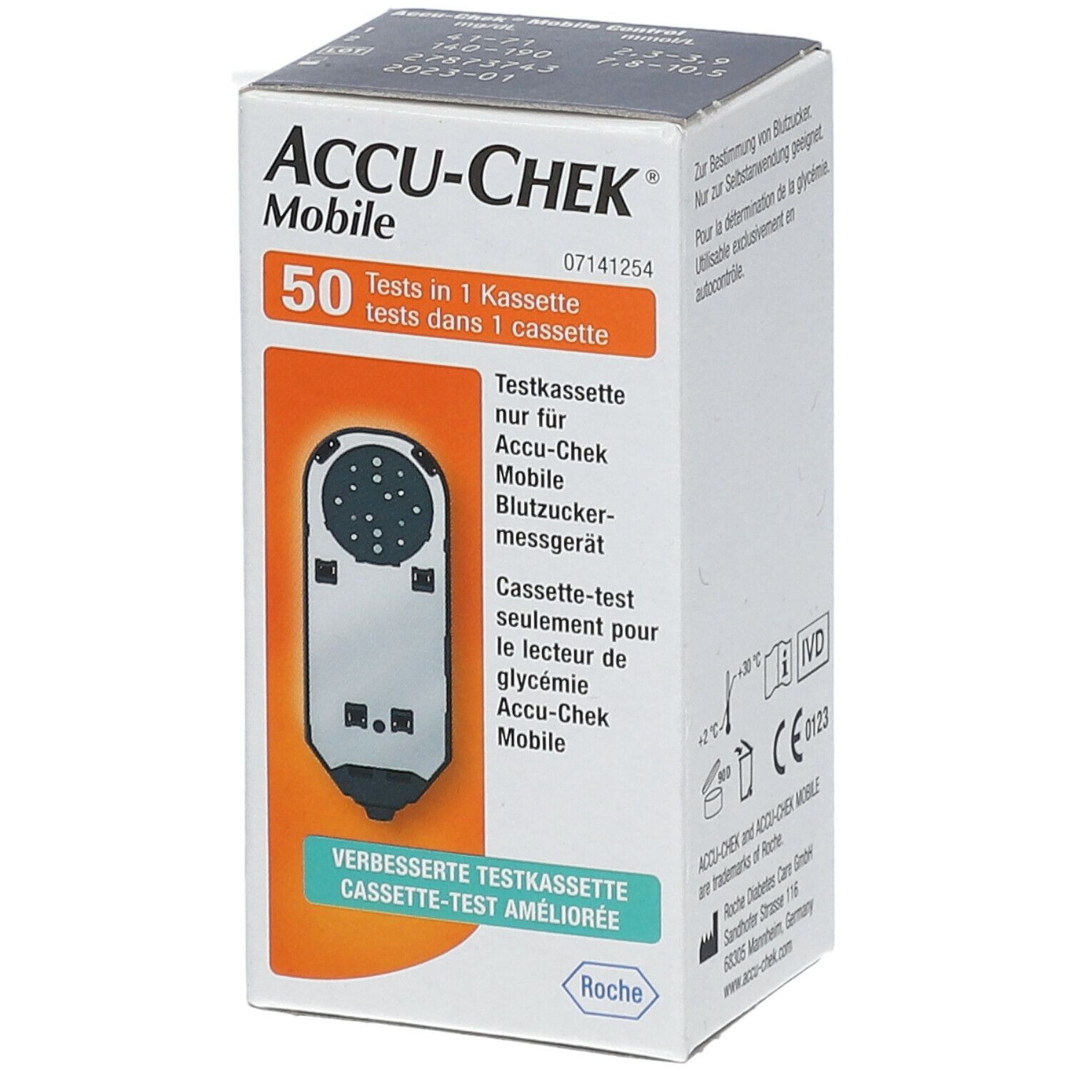 ACCU-CHEK Mobile Testkassetten-Verpackung. Enthält 50 Tests. Produktname und Logo deutlich sichtbar. Orangefarbener Streifen mit Produktinformationen.