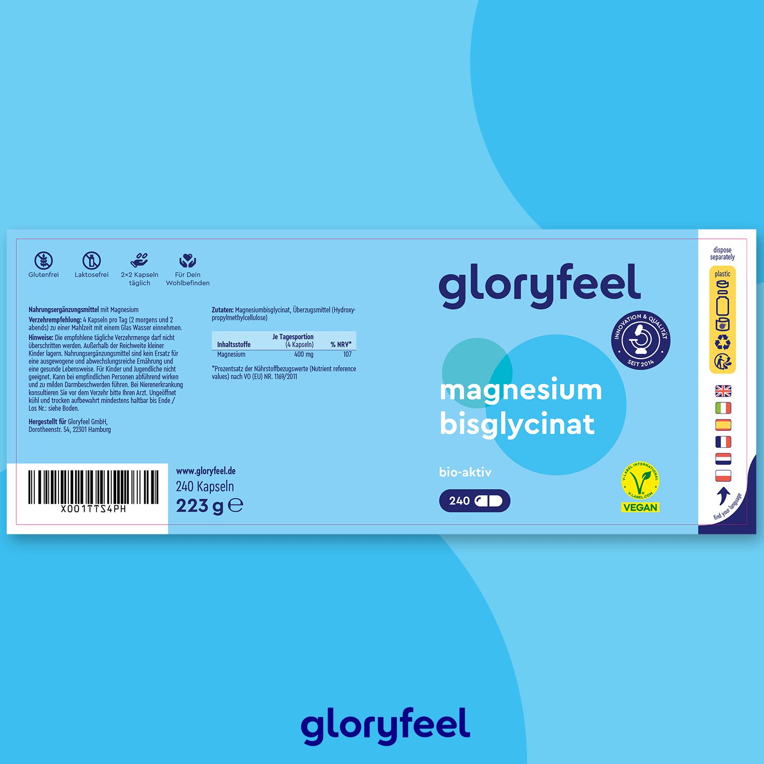 Blaue Verpackung mit Produktinformationen. Aufschrift: gloryfeel, Magnesiumbisglycinat, 240 Kapseln, 223g. Vegan-Siegel. QR-Code und weitere Informationen.