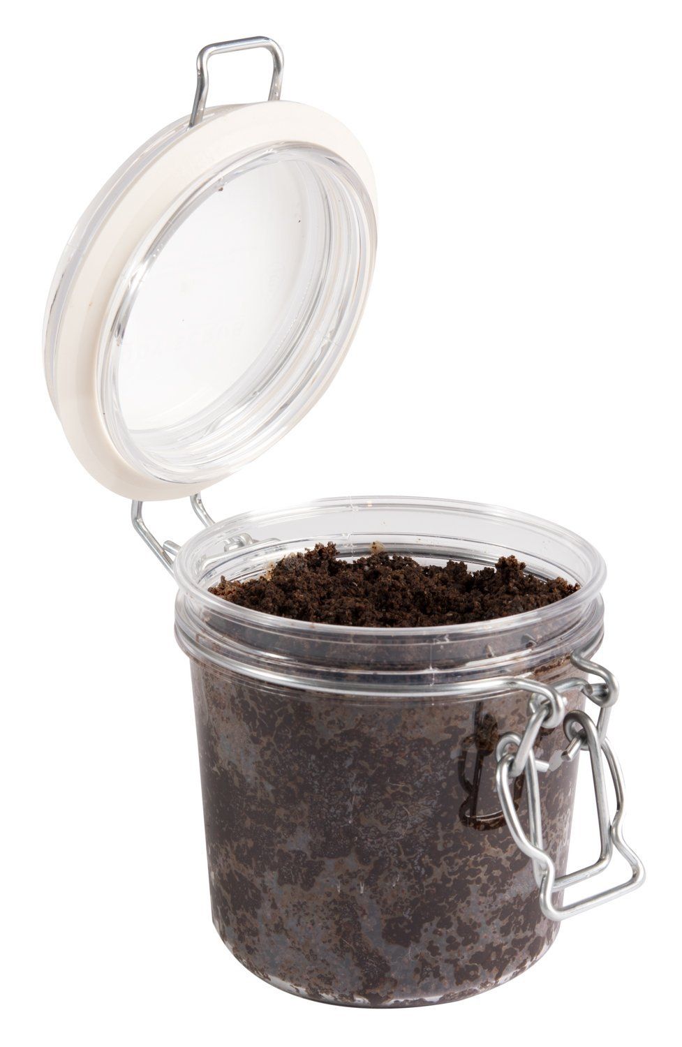 Offenes Glas mit Körperpeeling. Inhalt: braunes Peeling. Kaffeekuss Body Scrub.