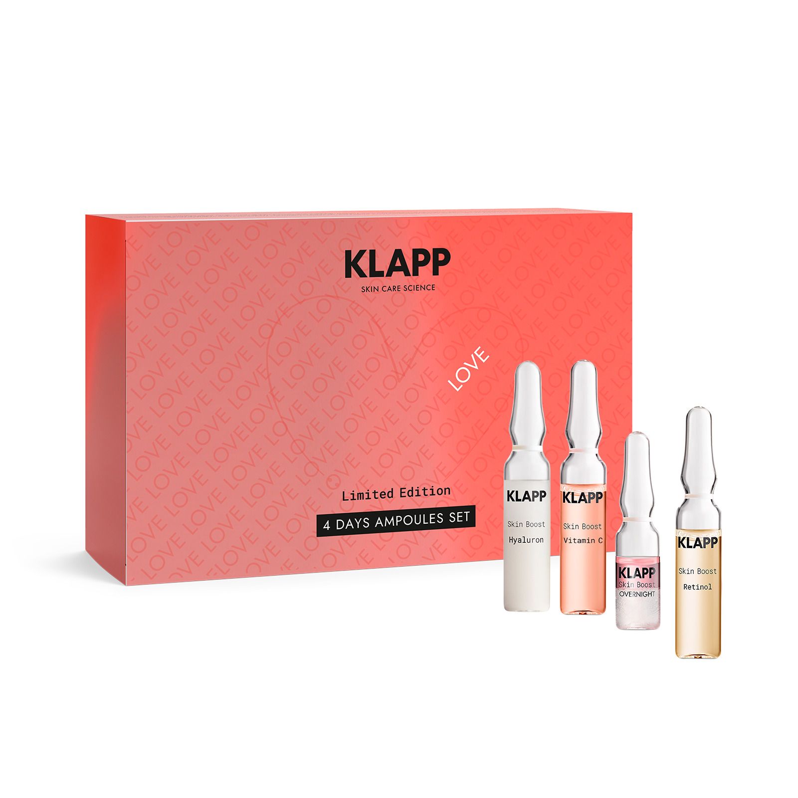 Rote Produktbox mit "KLAPP"-Logo und "LOVE"-Schriftzug. 4 Ampullen daneben. Aufschrift: "4 DAYS AMPOULES SET" und "Limited Edition".
