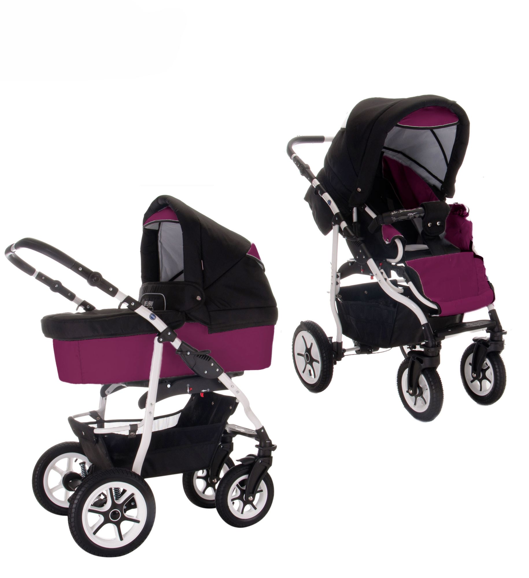 Kombikinderwagen mit Luftreifen, schwarz-lila. Vier Räder, weißes Gestell, Einkaufskorb. Zwei Ansichten: Seiten- und Frontansicht.