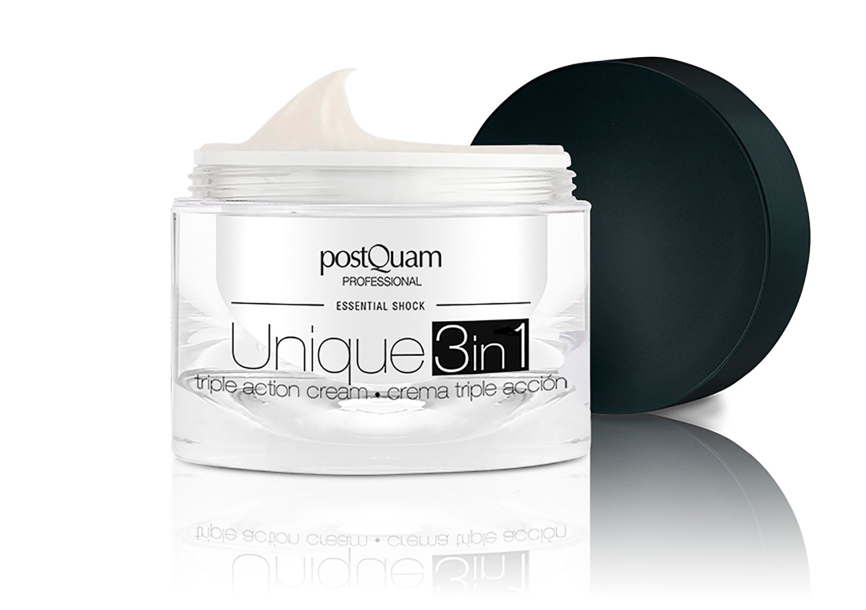 Creme-Glas mit schwarzem Deckel. Aufschrift: Postquam Professional, Unique 3in1. Dreifach-Wirkungs-Creme. Deckel daneben.