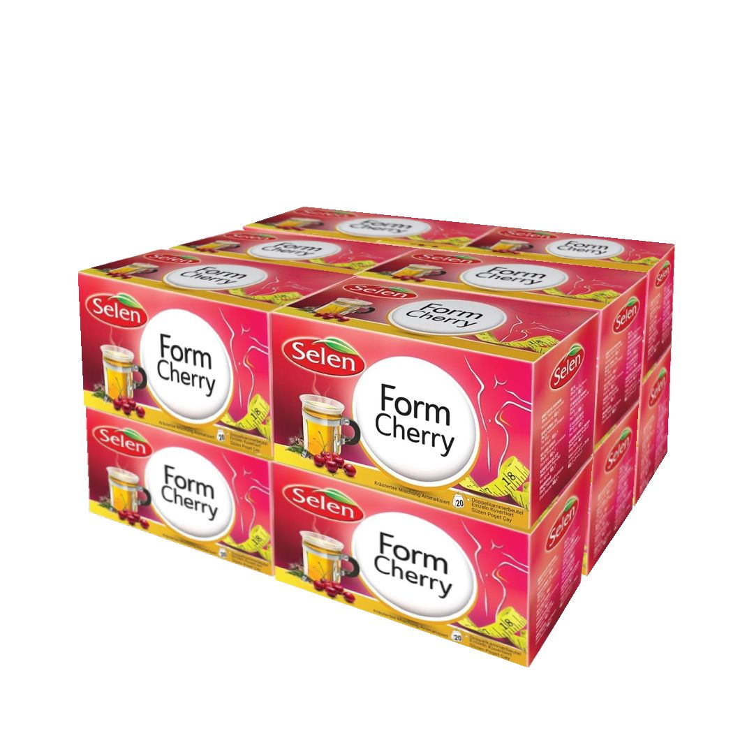 Mehrere Kartons SELEN Form Kirsche. Aufdruck: Form Cherry, Abbildung eines Getränks. Rosa und rote Verpackung.