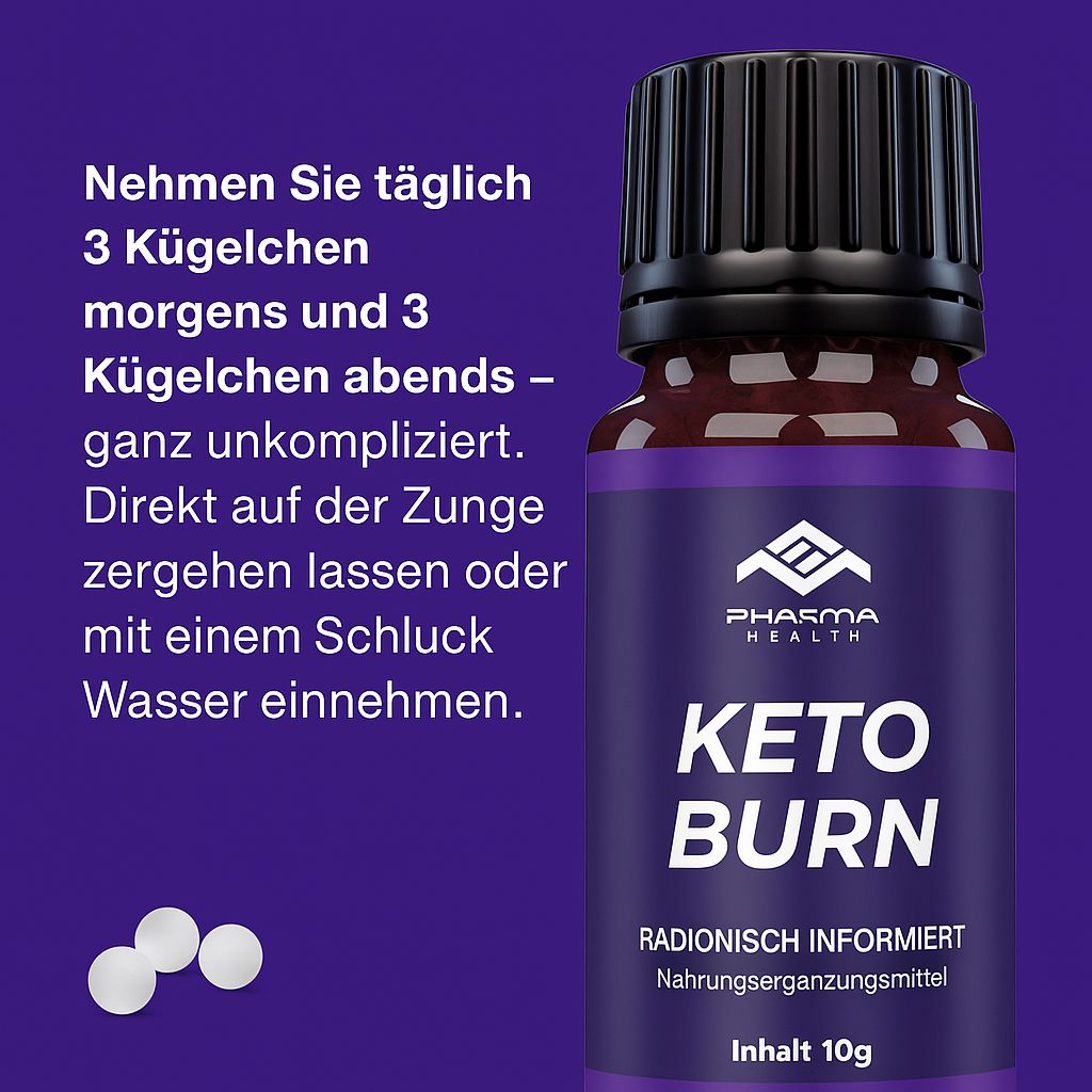 Glasflasche mit schwarzen Deckel. Lila Etikett mit weißem Text: Pharma Health, Keto Burn, Nahrungsergänzungsmittel, Inhalt 10g. Text: Einnahme.