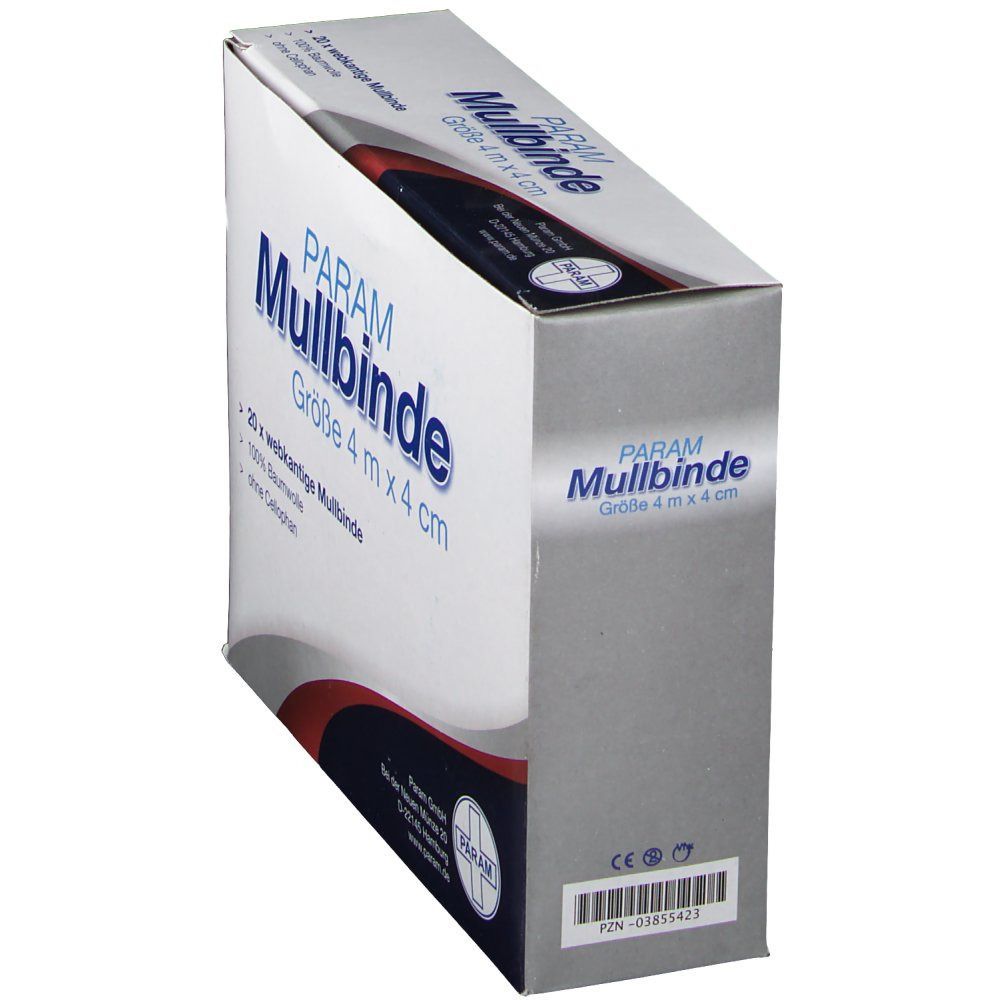 Schräg stehende Verpackung PARAM Mullbinde. Größe 4 m x 4 cm. Weißer Karton mit blauer Schrift. Aufdruck: 20 Mullbinden, 100% Baumwolle, ohne Cellophan.