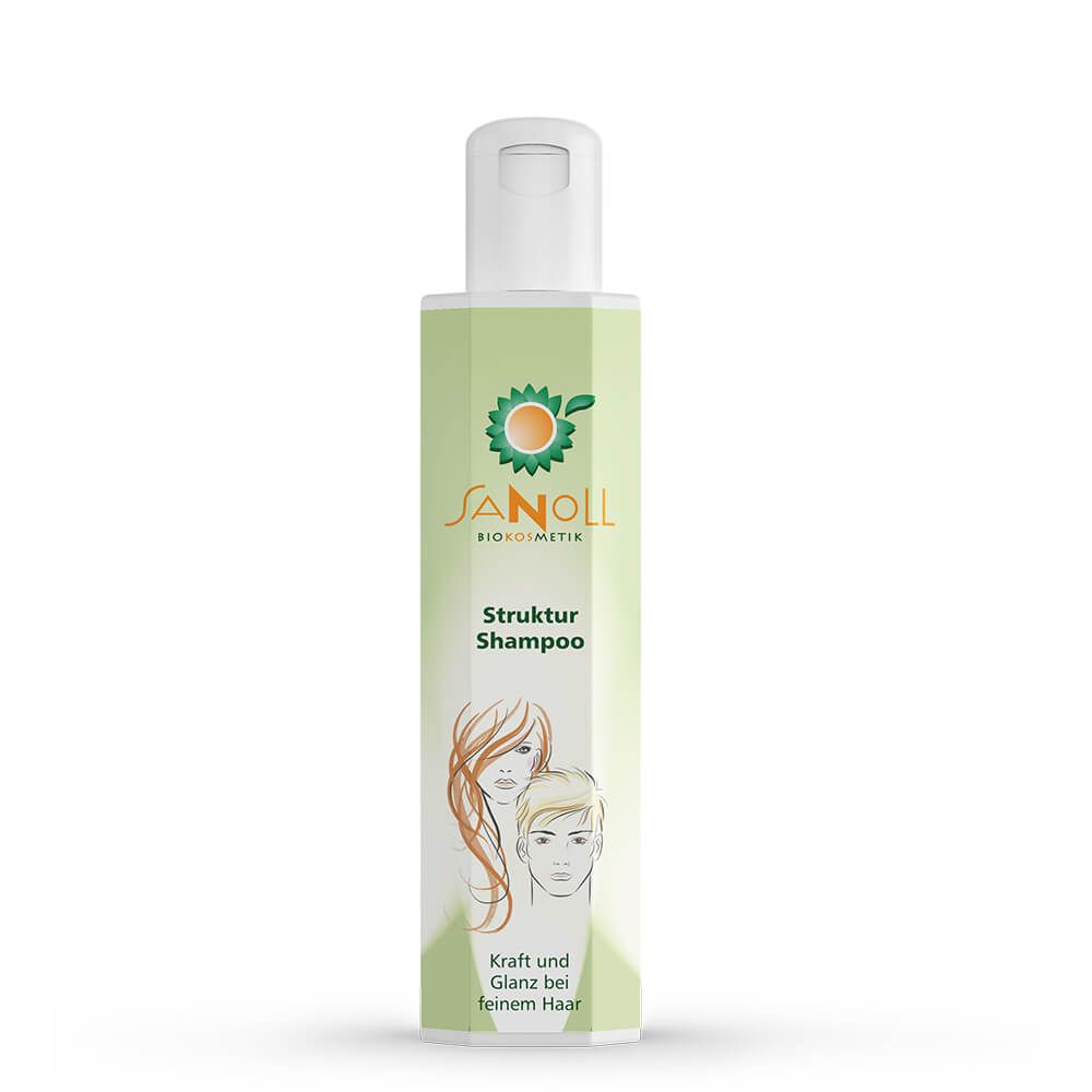Grüne Shampoo-Flasche mit weißem Deckel. Aufschrift: Sanoll Struktur Shampoo. Illustration von Frau und Mann mit Haaren. Text: Kraft und Glanz bei feinem Haar.