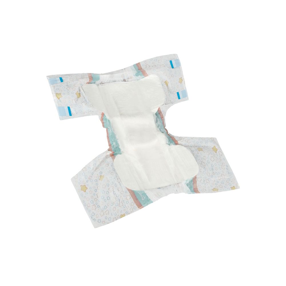 Geöffnete Crinklz Windel. Weißer Kern, blaue und gelbe Akzente. Astronauten-Muster auf der Außenseite. Klettverschlüsse.