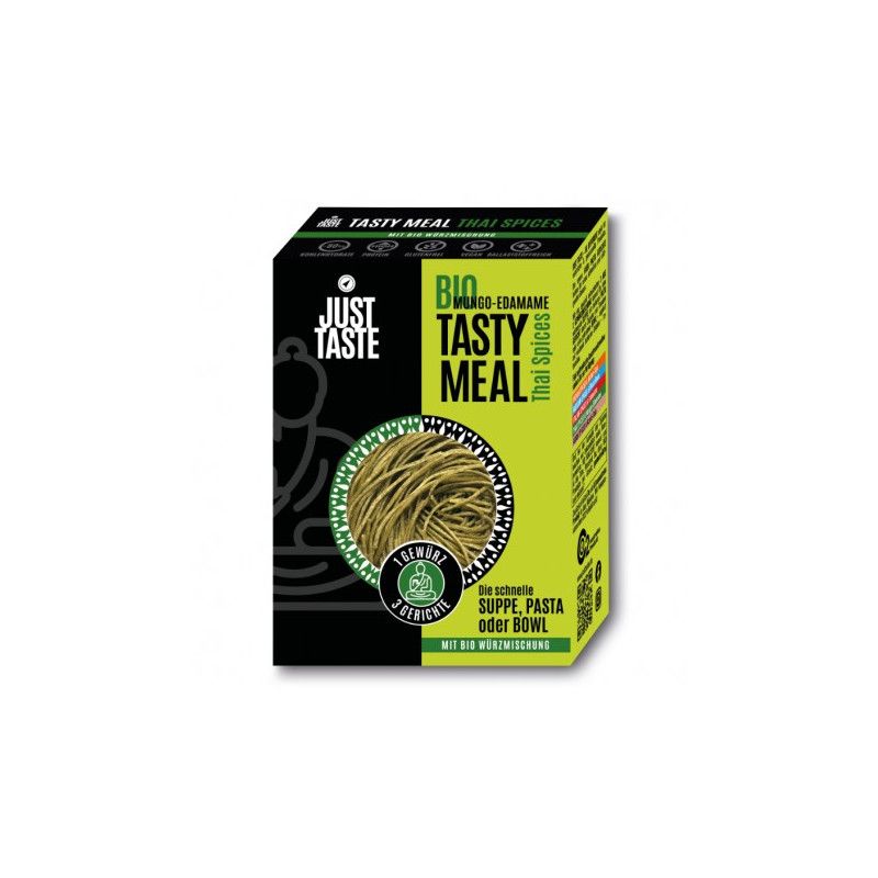 Verpackung von Just Taste Tasty Meal. Grün-schwarze Schachtel mit Produktbezeichnung und Abbildung von Nudeln. Bio-Zertifizierung.
