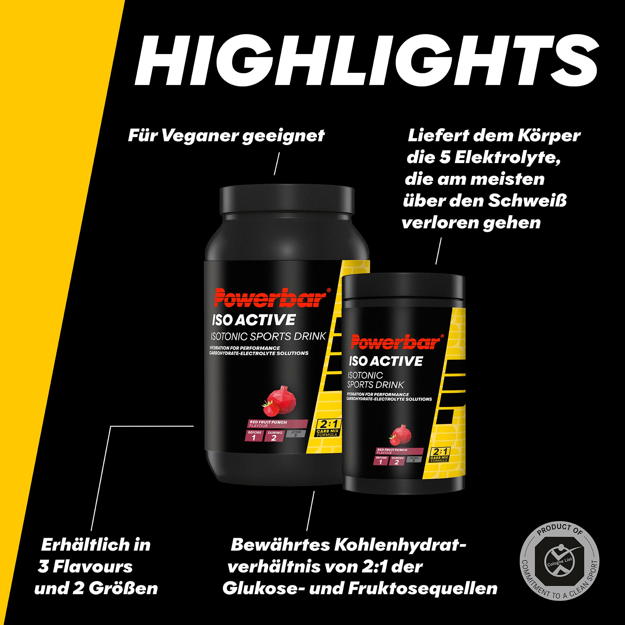 Zwei Dosen Powerbar ISOACTIVE. Schwarze Behälter mit gelben Etiketten. Aufschrift: ISOACTIVE Isotonisches Sportgetränk. Text: 3 Geschmacksrichtungen, 2 Größen.