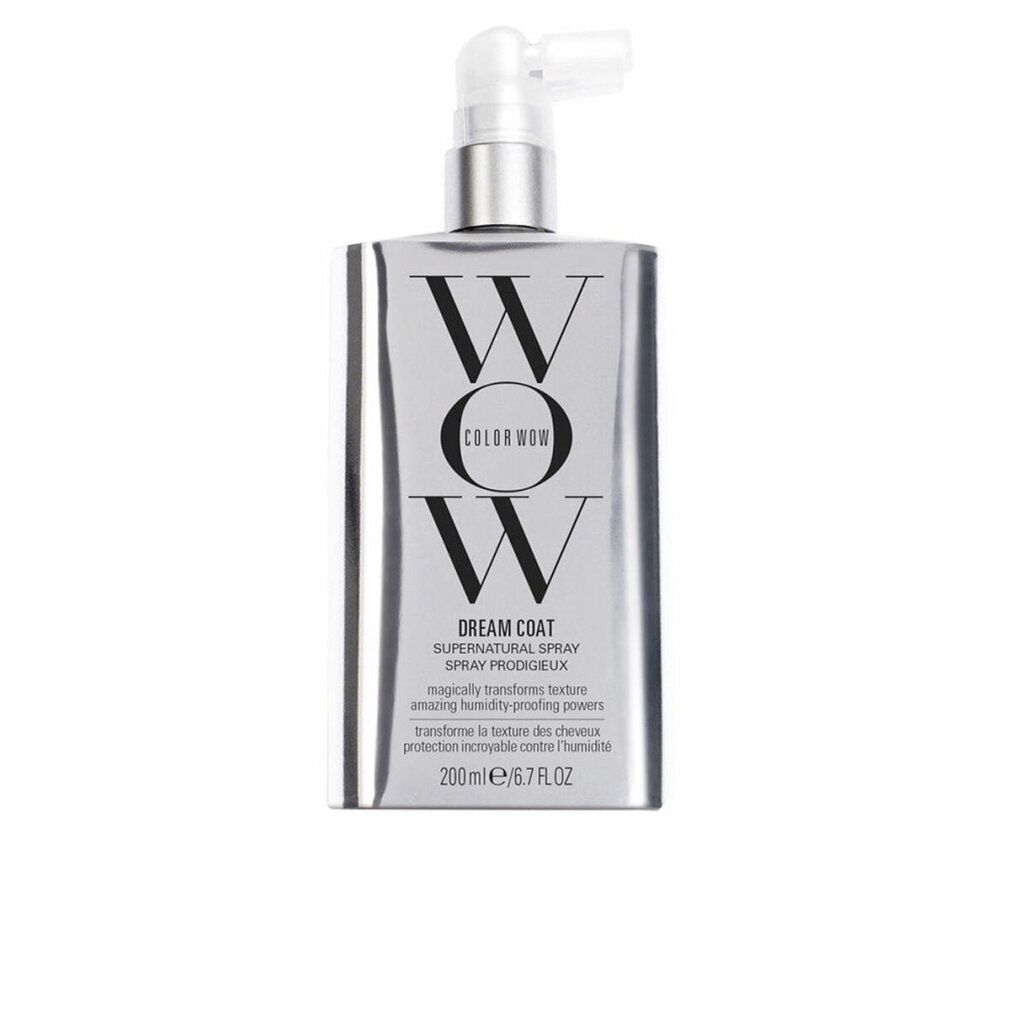 Silberne, rechteckige Flasche mit Sprühkopf. Aufschrift "WOW COLOR WOW DREAM COAT". Text darunter: "SUPER NATURAL SPRAY PRODIGIEUX".