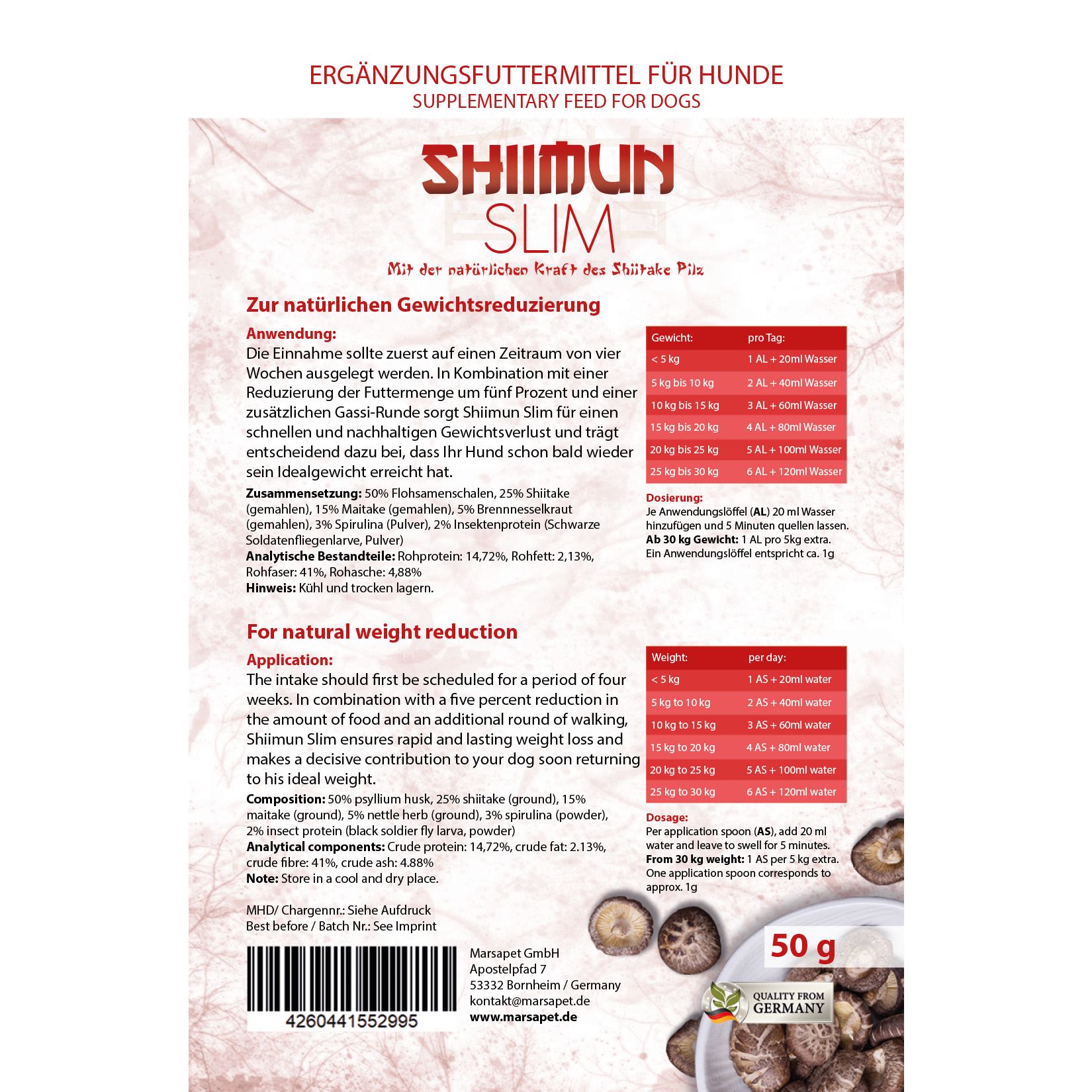 Produktverpackung mit Text: SHIIMUN SLIM. Ergänzungsfuttermittel für Hunde. Tabellen mit Dosierungsangaben und Inhaltsstoffen.