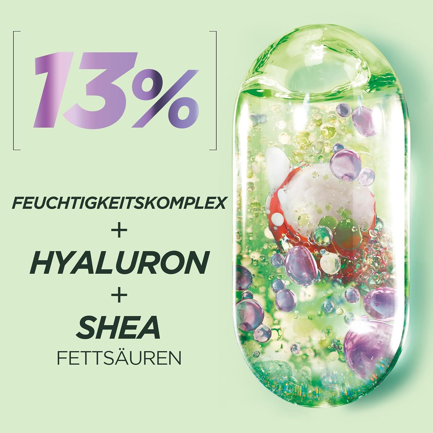 Abbildung von Inhaltsstoffen: 13% Feuchtigkeitskomplex + Hyaluron + Shea Fettsäuren in einer ovalen Kapsel.