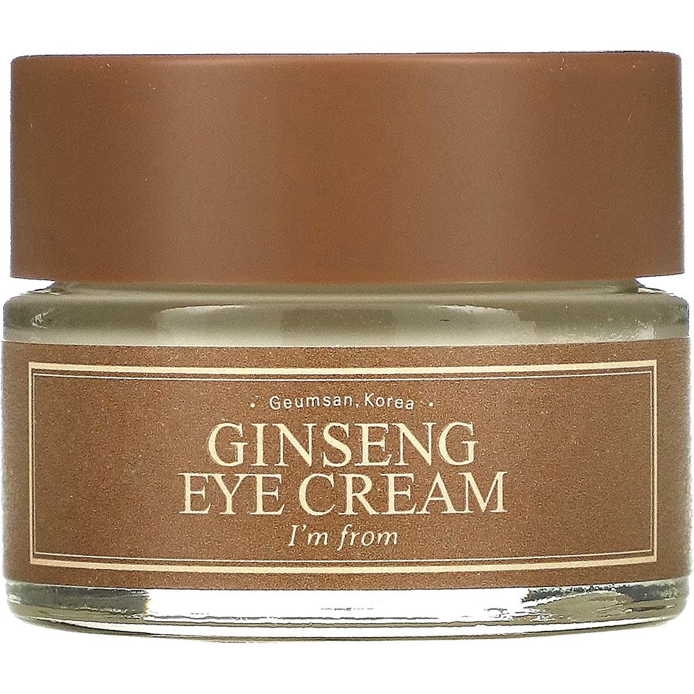 Augencreme-Glas mit braunem Deckel und Etikett. Text: Ginseng Eye Cream, I'm from.