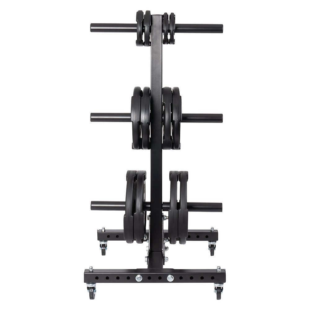 Schwarzer Hantelscheiben-Ablageständer mit mehreren Ablagearmen. Auf Rollen für Mobilität. Beladen mit Hantelscheiben.