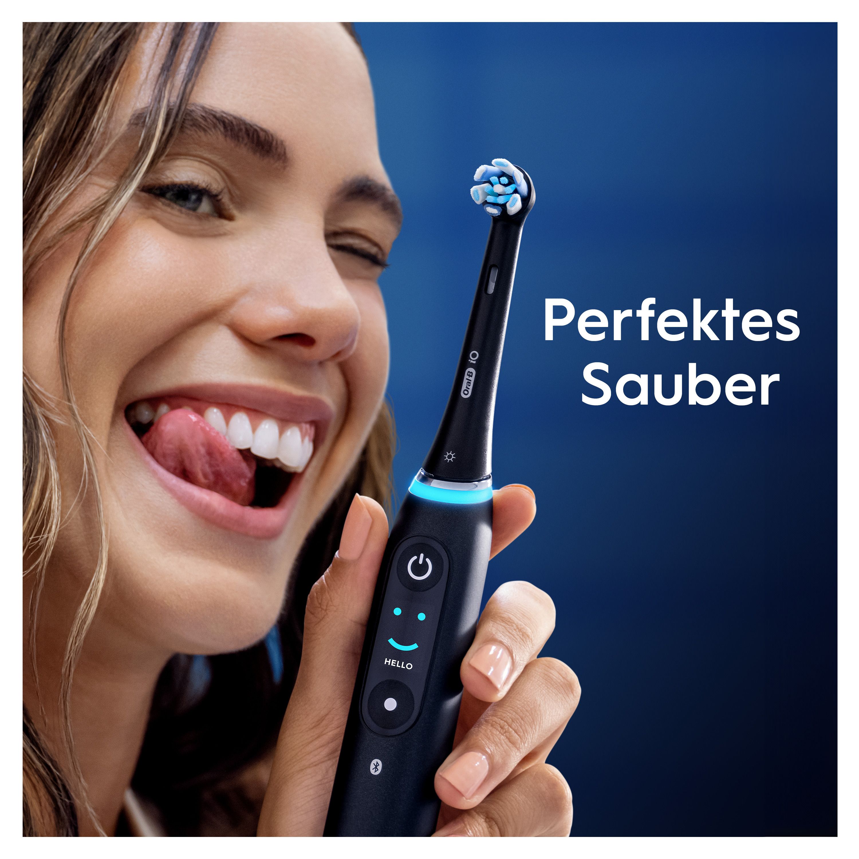 Frau hält eine schwarze Zahnbürste. Text: Perfektes Sauber. Auf der Zahnbürste sind Knöpfe und ein Display zu sehen.
