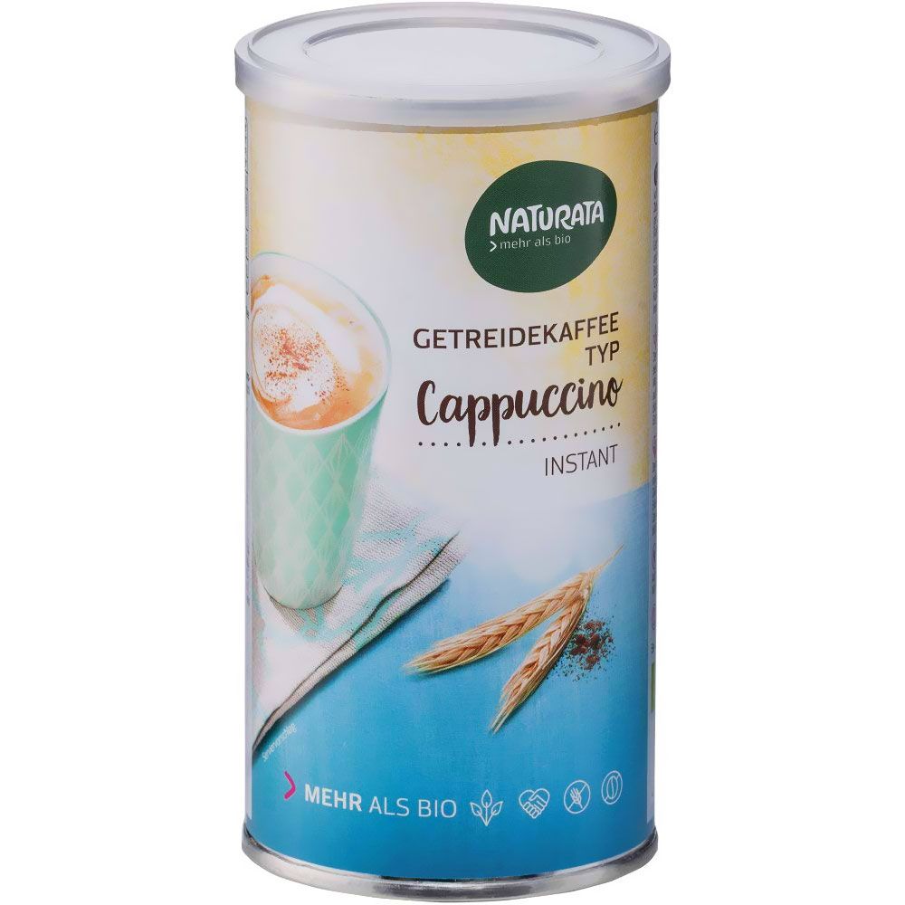 Zylinderdose mit "Naturata"-Logo und "Cappuccino instant". Abbildung eines Getränks. Bio-Siegel.