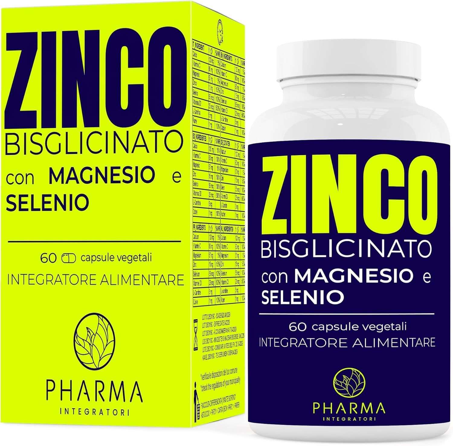 Flasche und Karton mit Zink Bisglicinato mit Magnesium und Selen.