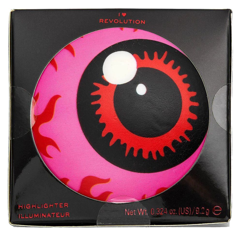 Schwarze Verpackung mit Augendesign. Text: Highlighter, Illuminateur. Marke: I Heart Revolution. Nettogewicht: 9,2g.