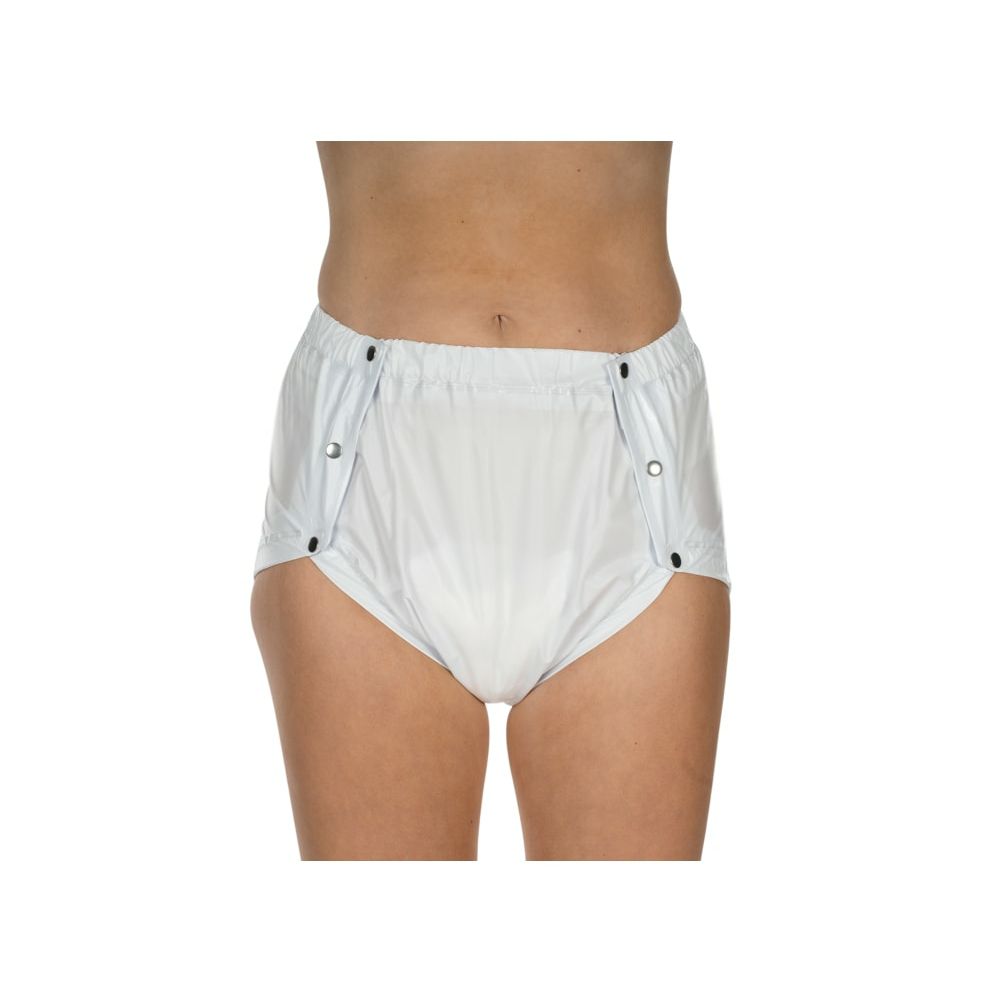 Weiße Inkontinenzhose mit seitlichen Knöpfen. Gezeigt von vorne.