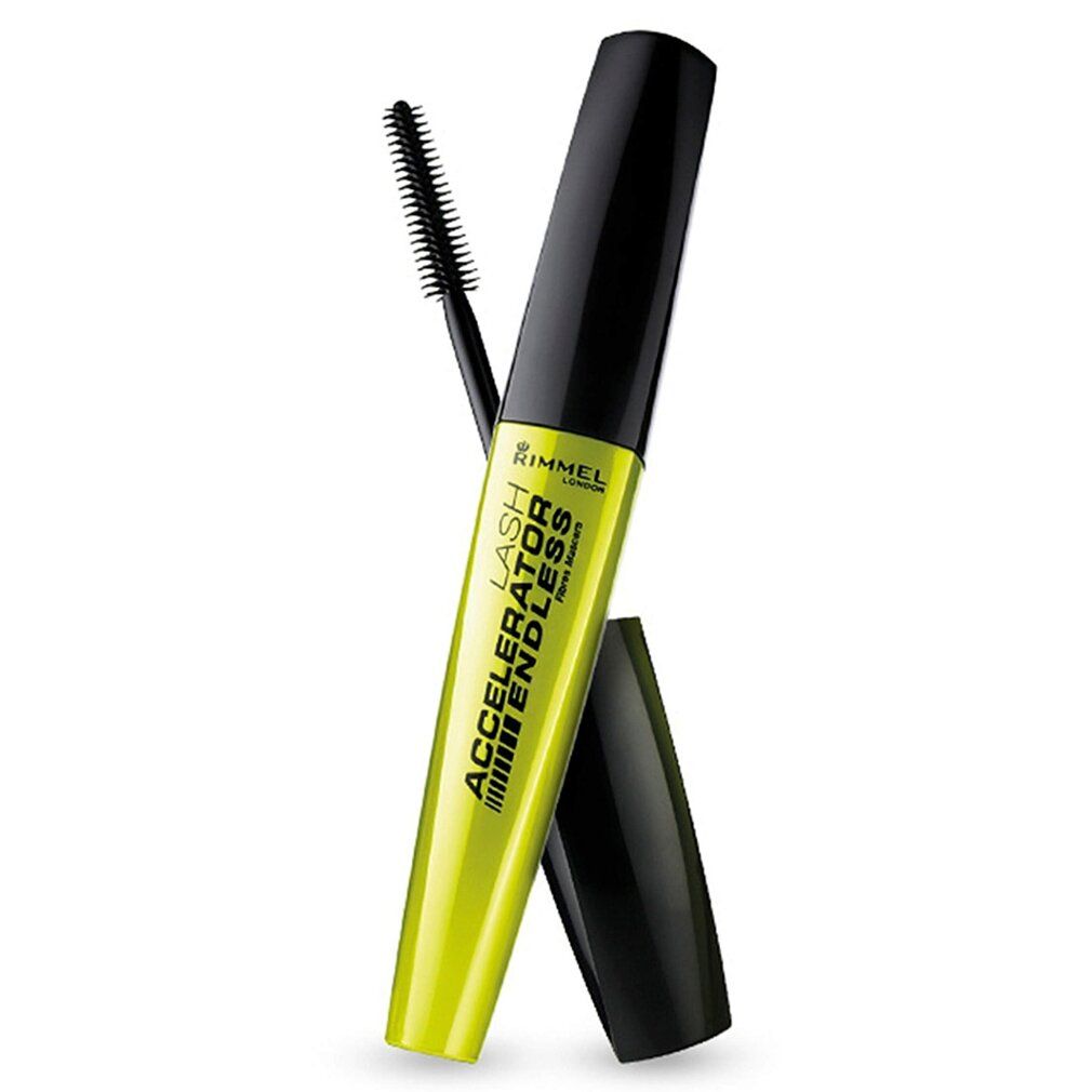 Mascara mit schwarzer Bürste. Gelb-schwarze Verpackung. Schriftzug: Rimmel London Lash Accelerator Endless.