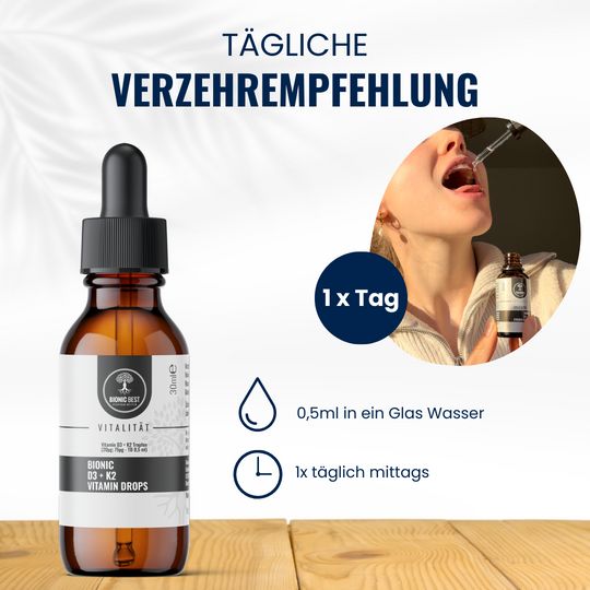 Produktflasche mit Tropfer, daneben eine Person, die Tropfen in den Mund nimmt. Text: 1x Tag, 0,5ml in Wasser.