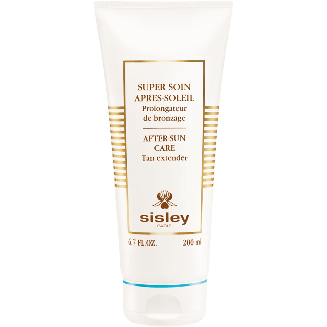 Weiße Tube mit goldfarbenem Rahmen. Text: SUPER SOIN APRÈS-SOLEIL, AFTER-SUN CARE, Sisley Paris. 6.7 FL.OZ. 200 ml.