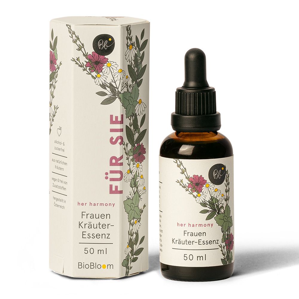 Braune Glasflasche mit schwarzem Tropfer und Karton. Aufschrift: Frauen Kräuter-Essenz, 50 ml. Floral-Design.