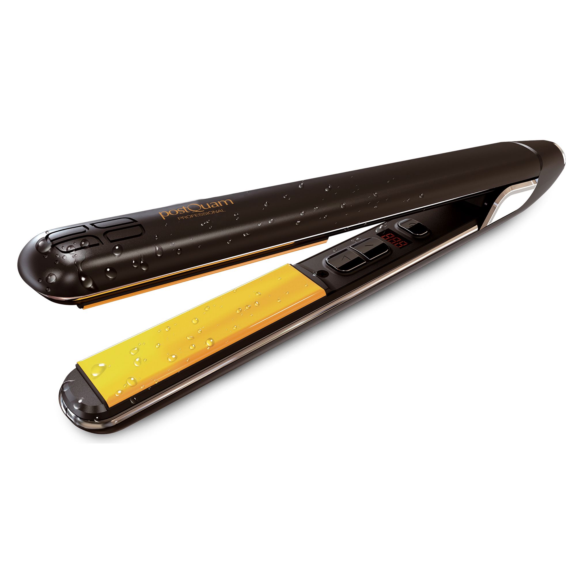 Schwarzer Haarglätter mit gelben Heizplatten. Wasserspritzer auf dem Gehäuse. Digitalanzeige.
