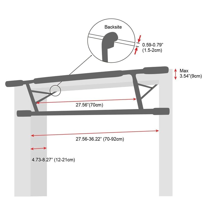 Draufsicht auf eine Klimmzugstange mit Maßangaben. Abmessungen: 70-92 cm Breite, 9 cm Höhe.