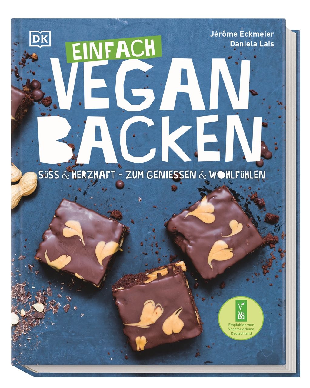 Buchcover: "Einfach vegan backen". Titel in Weiß auf blauem Grund. Schokoladenkuchen mit Erdnussbutter. Autoren: Jérôme Eckmeier, Daniela Lais.