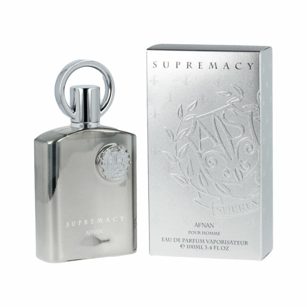Silberne Parfumflasche und Verpackung. Flasche mit rundem Verschluss. Aufschrift: SUPREMACY, AFNAN, Eau de Parfum Vaporisateur. Geprägtes Logo.