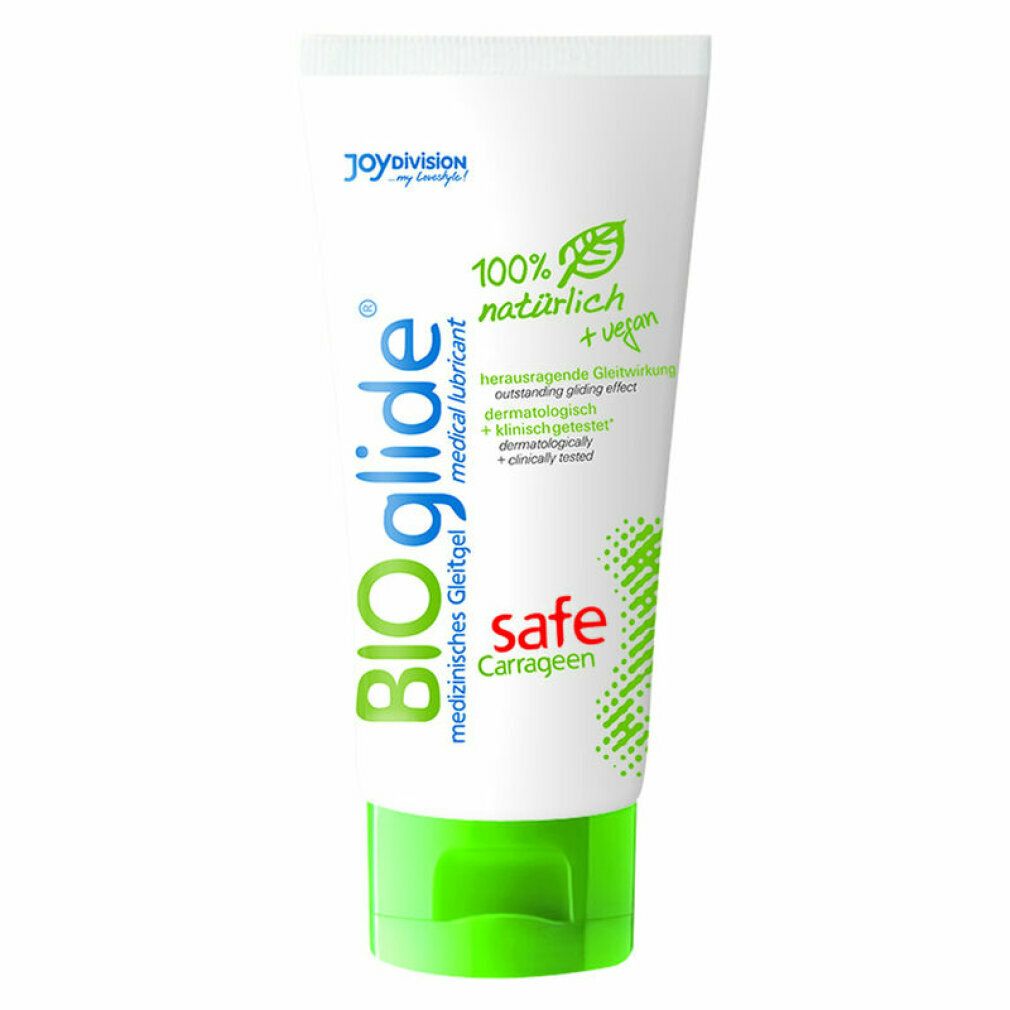 Weiße Tube mit grüner Kappe. Aufschrift BIOglide, safe, 100% natürlich + vegan. Logo. Text in Deutsch.