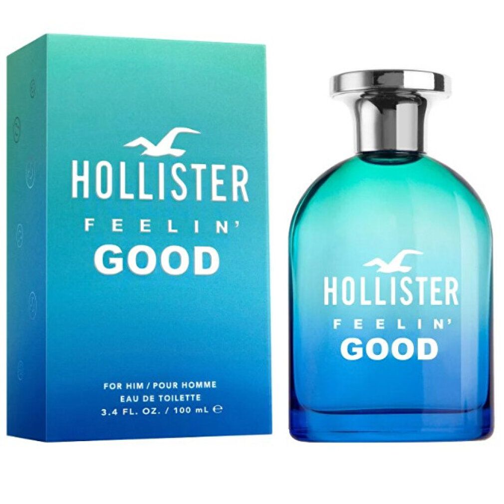 Blau-grüner Flakon und Schachtel. Aufschrift: Hollister Feelin' Good. Eau de Toilette. 100 ml.