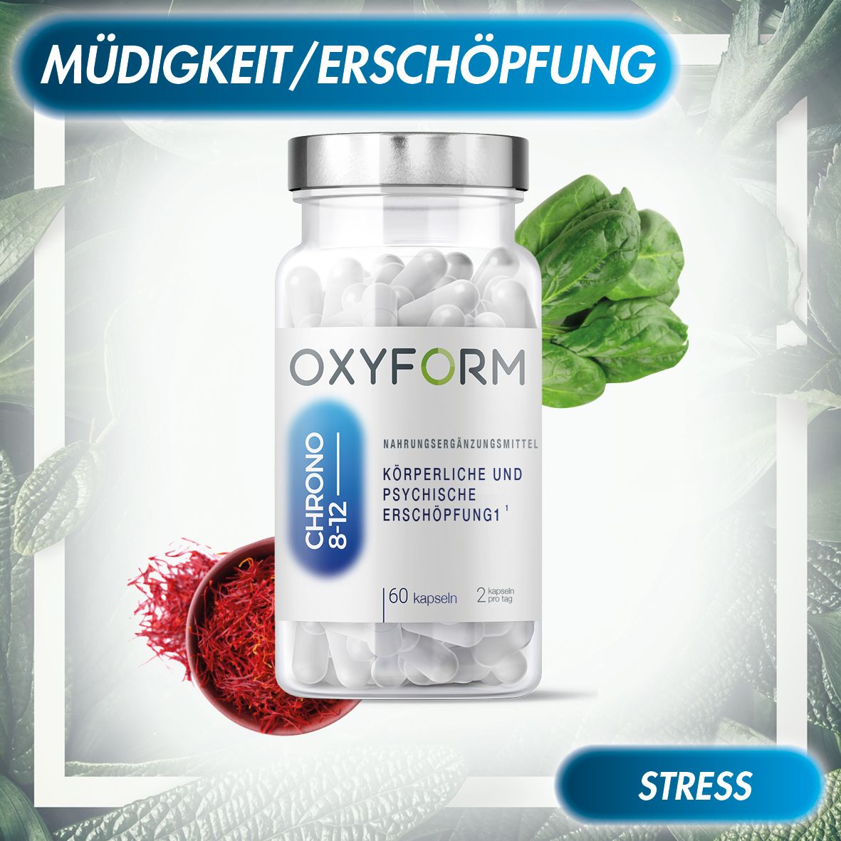 Glasflasche mit weißen Kapseln, umgeben von Safran und Spinat. Etikett mit "OXYFORM", "CHRONO 8-12".