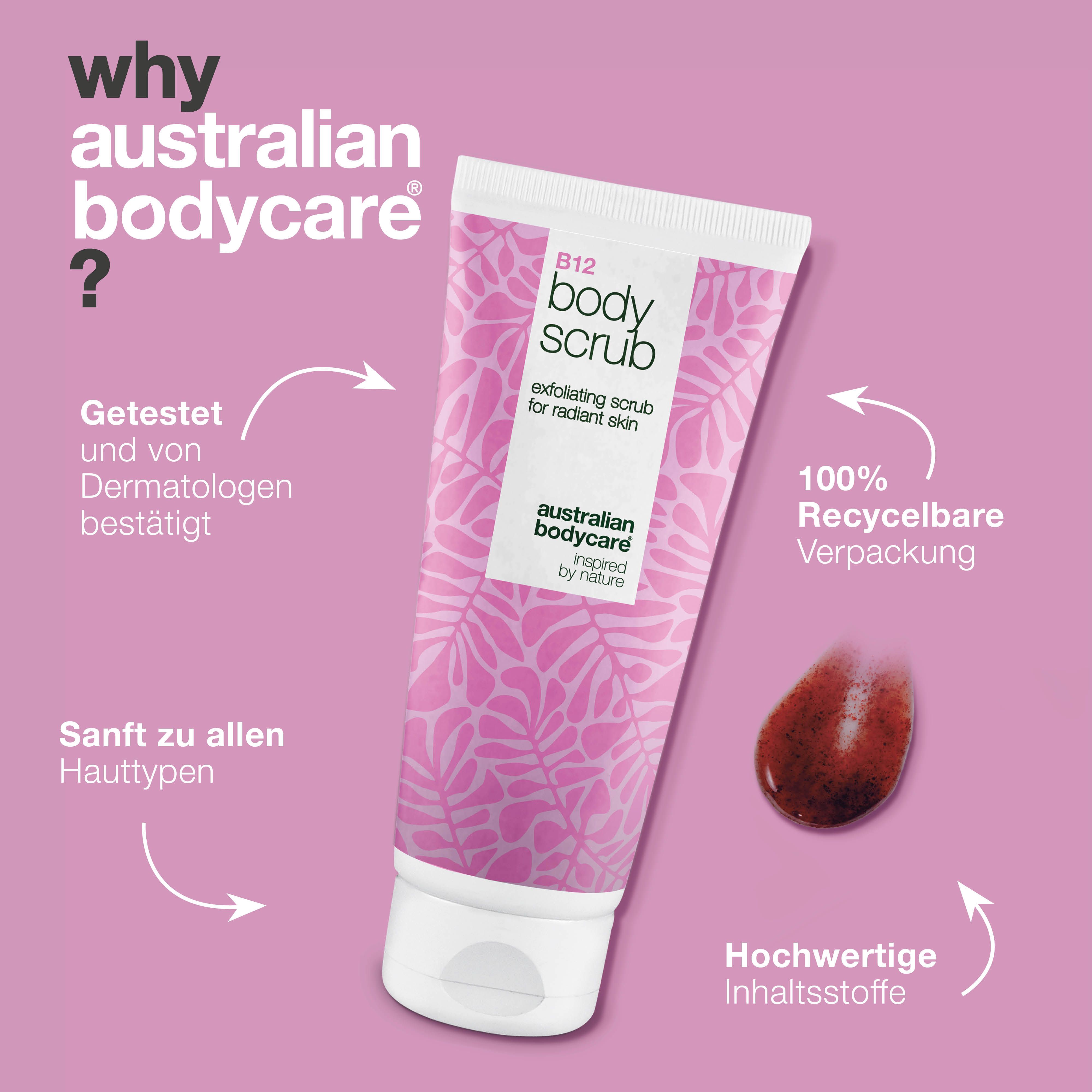 Tube B12 Body Scrub, daneben Klecks Peeling. Text: Getestet, 100% recycelbare Verpackung, sanft zu allen Hauttypen, hochwertige Inhaltsstoffe.