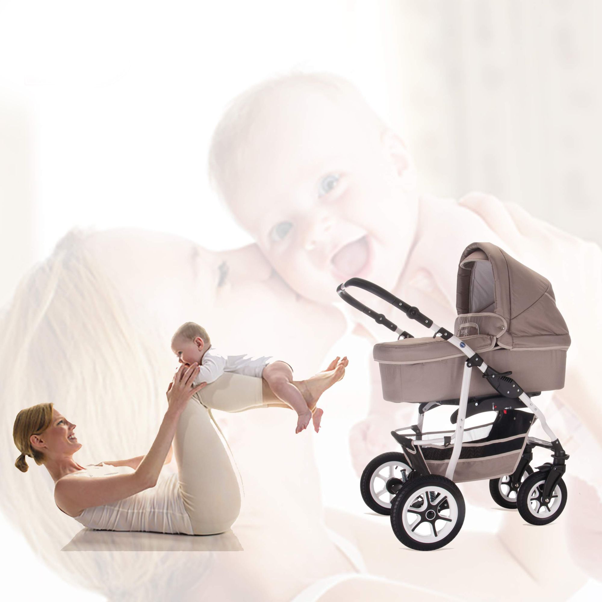 Kinderwagen Bellataupe neben einer Frau, die ein Baby hält. Der Hintergrund ist verschwommen.