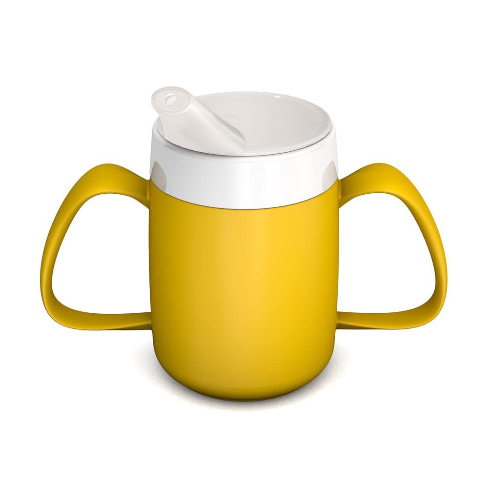 Gelber Becher mit zwei Griffen, weißem Deckel und Trinkaufsatz.