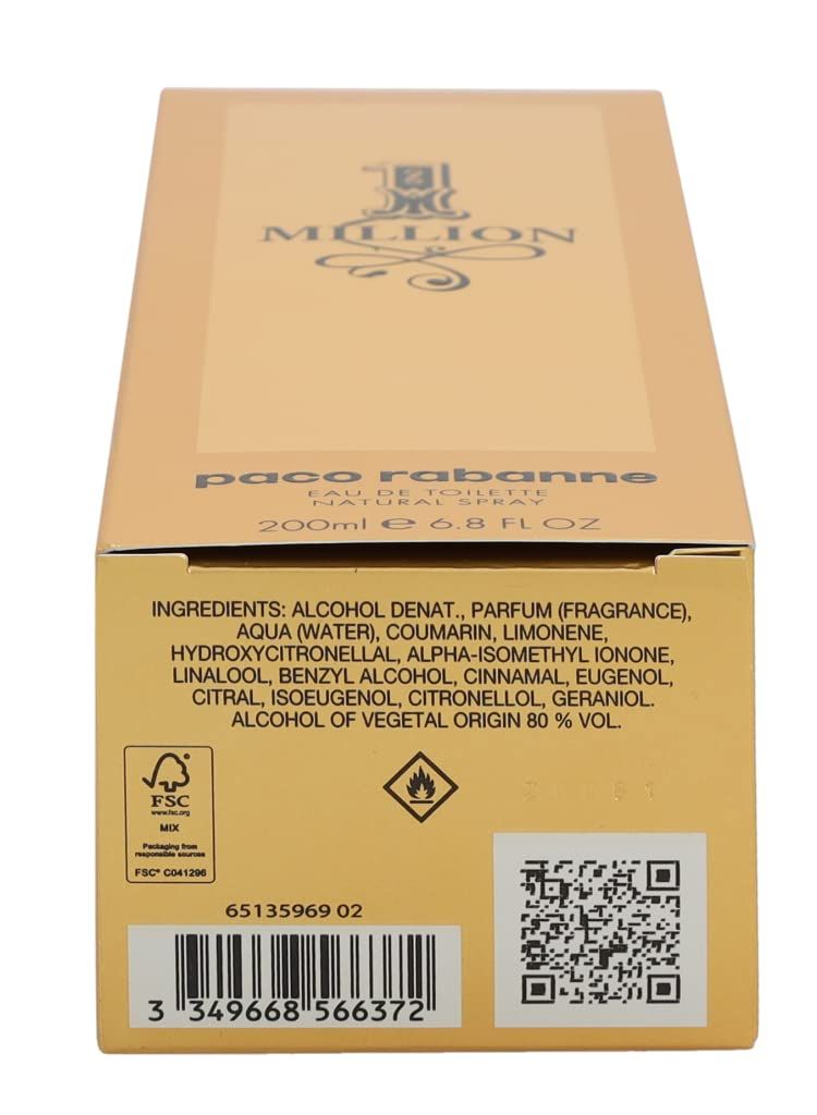 Rückseite der Verpackung von Paco Rabanne 1 Million. Enthält Inhaltsstoffe, FSC-Logo, QR-Code und Warnhinweis.