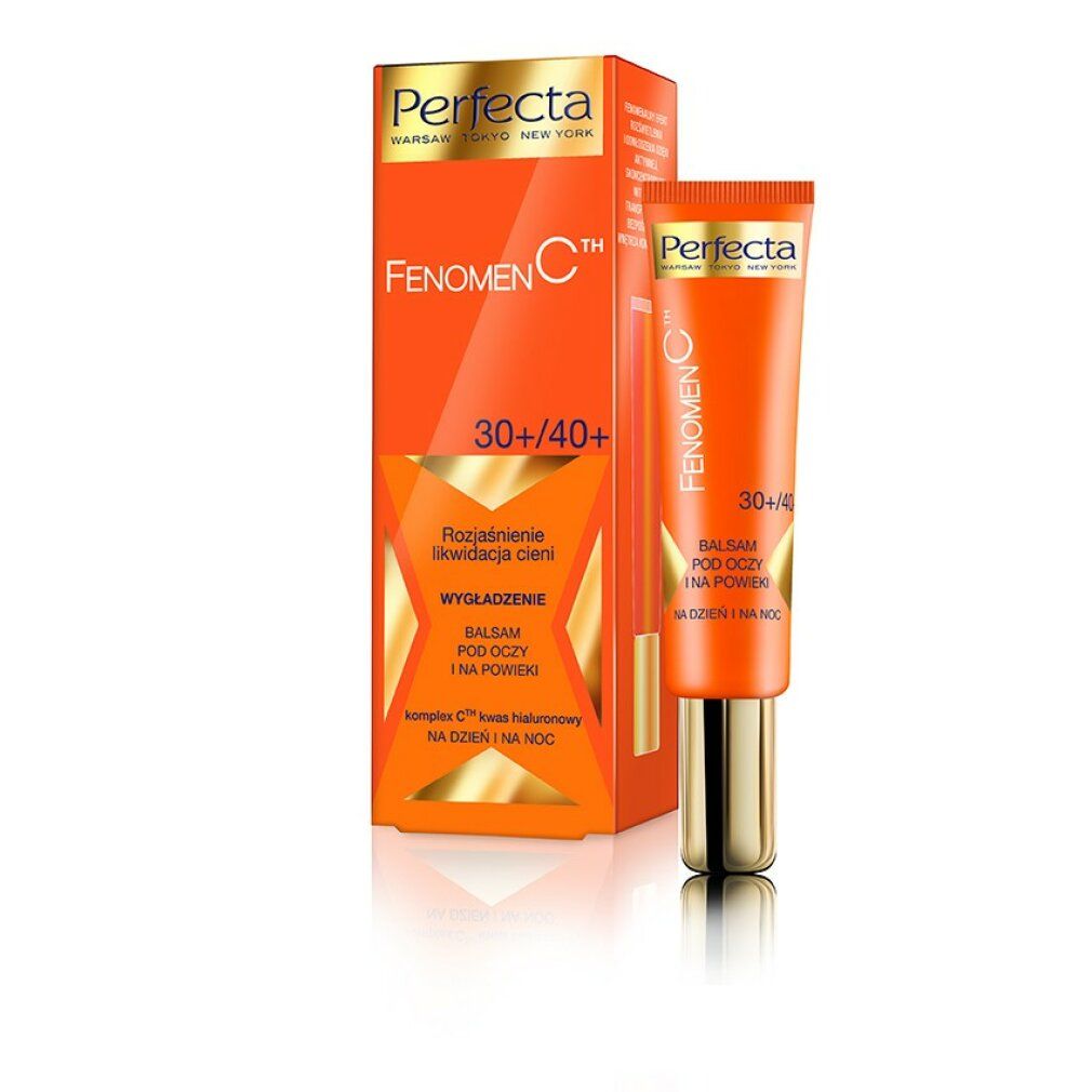 Orange Tube und Schachtel. Aufschrift Perfecta, Fenomen C, 30+/40+. Balsam für Augen und Augenlider. Text in Polnisch.