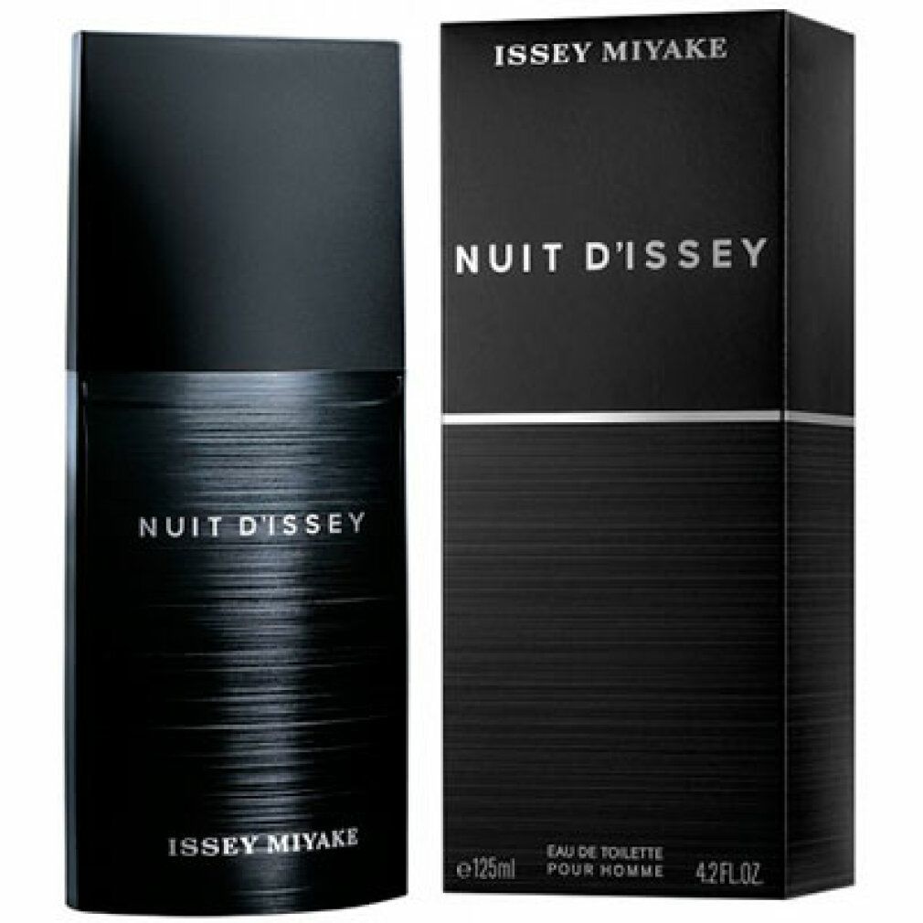 Schwarzer Flakon und Verpackung. Aufschrift: Nuit d'Issey, Issey Miyake. Verpackung mit Text.