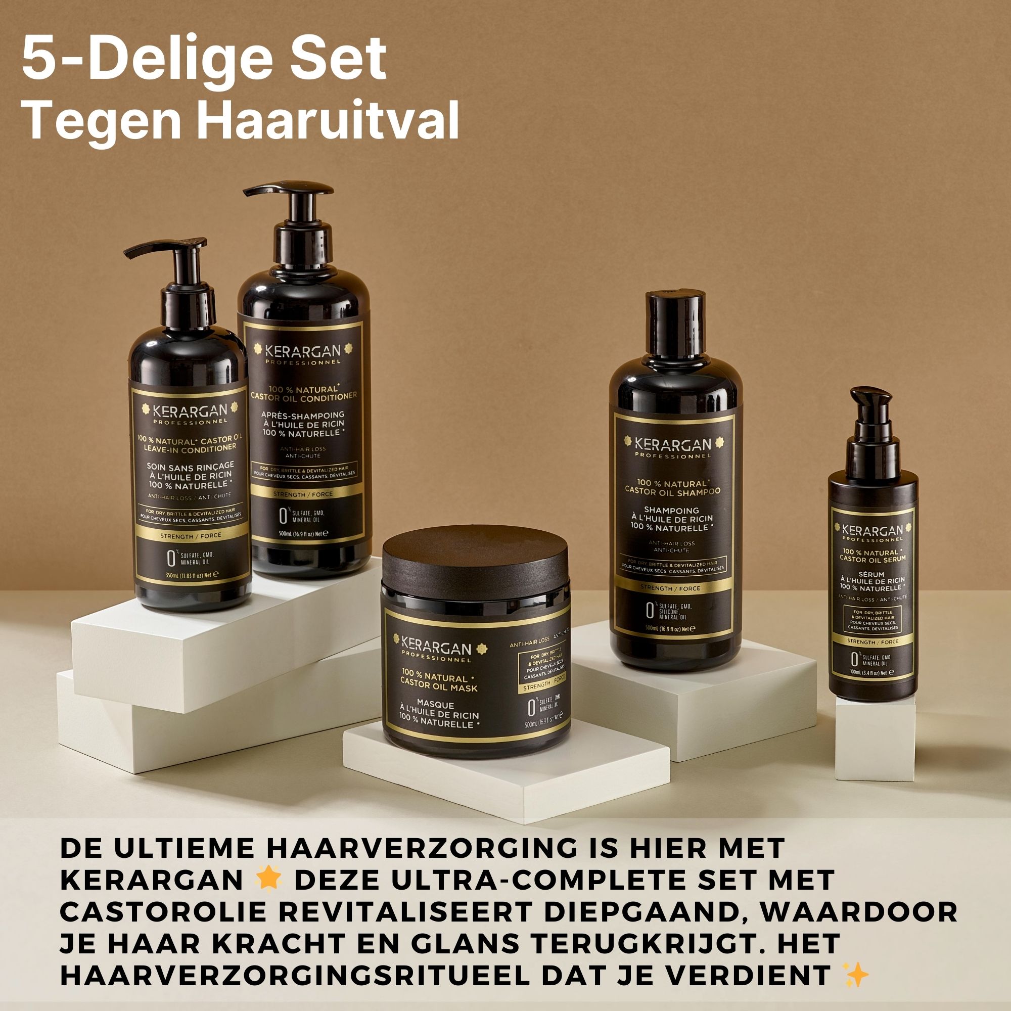 Vijfdelige set tegen haaruitval. Zwarte flessen met info. Kerargan-logo. Op sokkels.