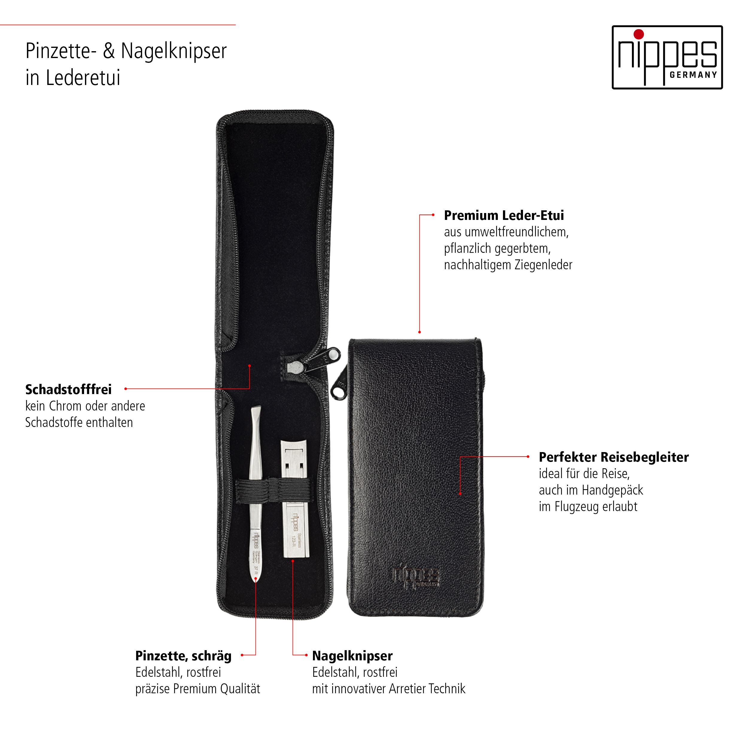 Produktabbildung mit geöffnetem und geschlossenem Etui. Beschriftungen: Pinzette, Nagelknipser, Premium Leder-Etui, Schadstofffrei.