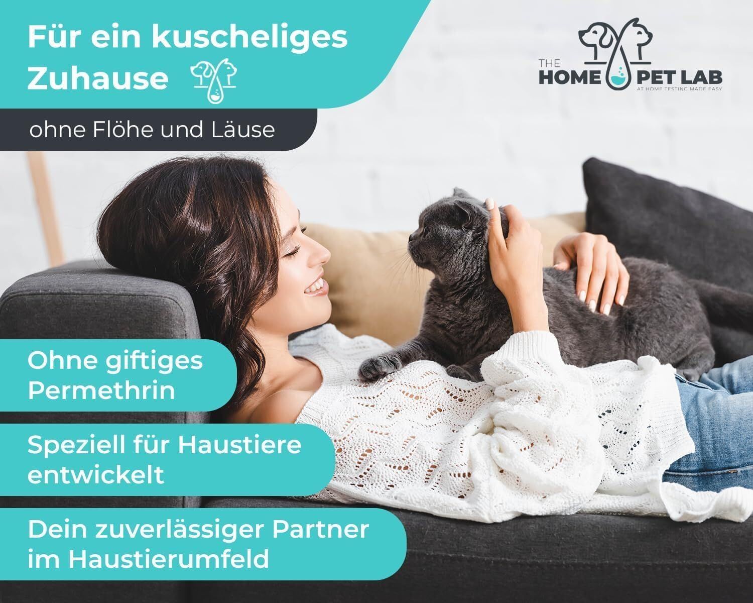 Frau mit Katze auf Sofa. Text: Ohne giftiges Permethrin, speziell für Haustiere entwickelt.