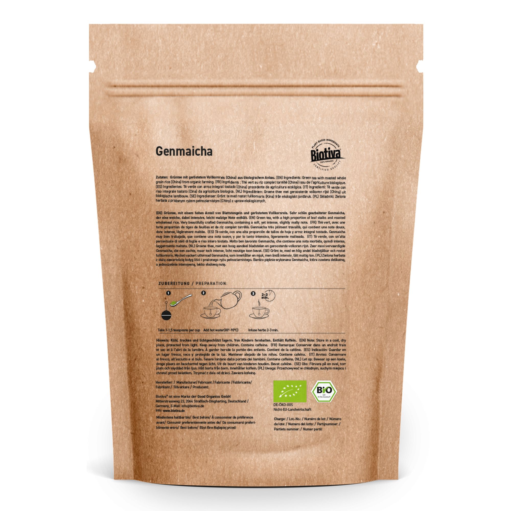 Rückseite des braunen Standbodenbeutels mit Produktinformationen und Bio-Siegel.