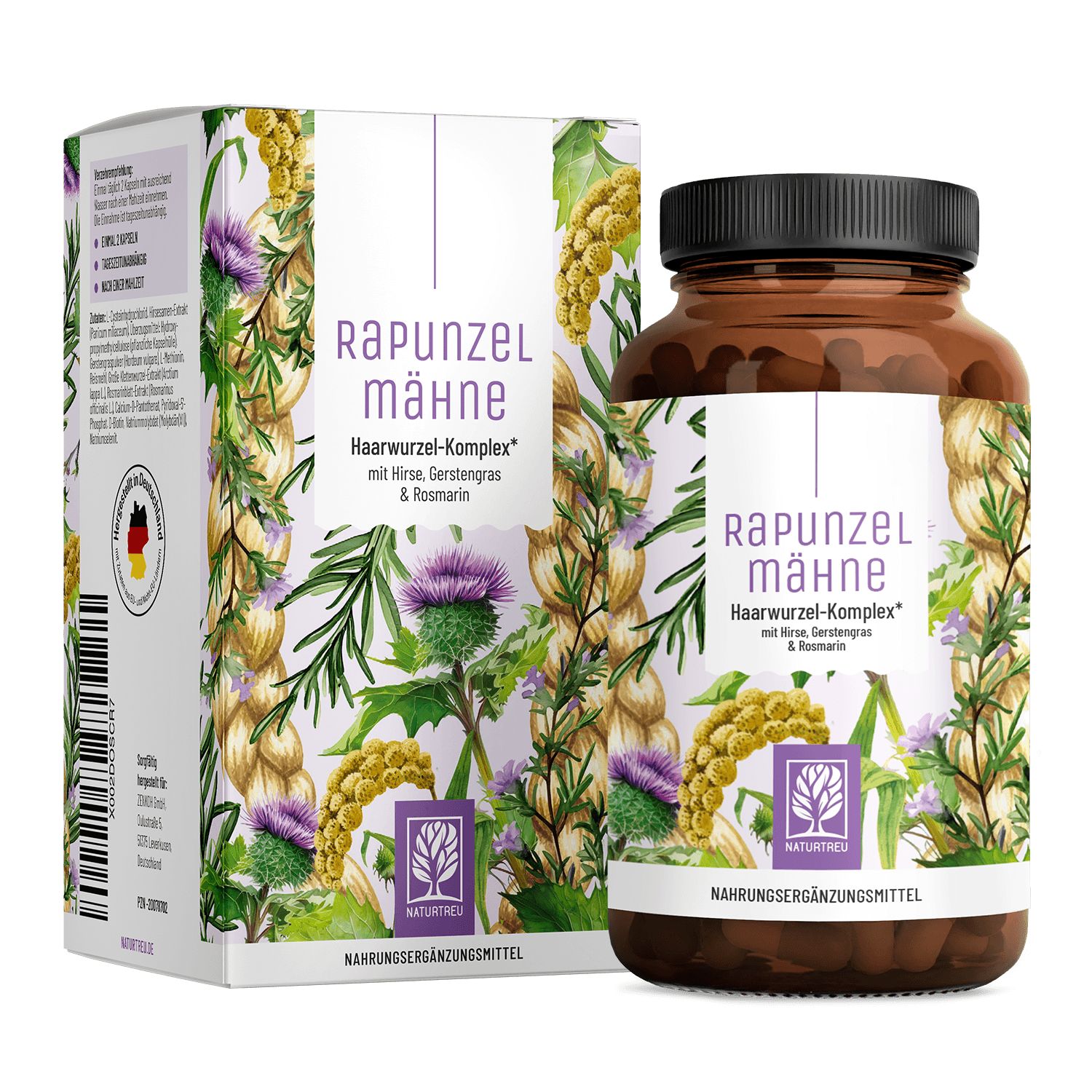 Braune Flasche und Schachtel mit Produktaufdruck. Aufschrift: Rapunzelmähne Haarwurzel-Komplex. Mit Kräutern und Logo. Nahrungsergänzungsmittel.